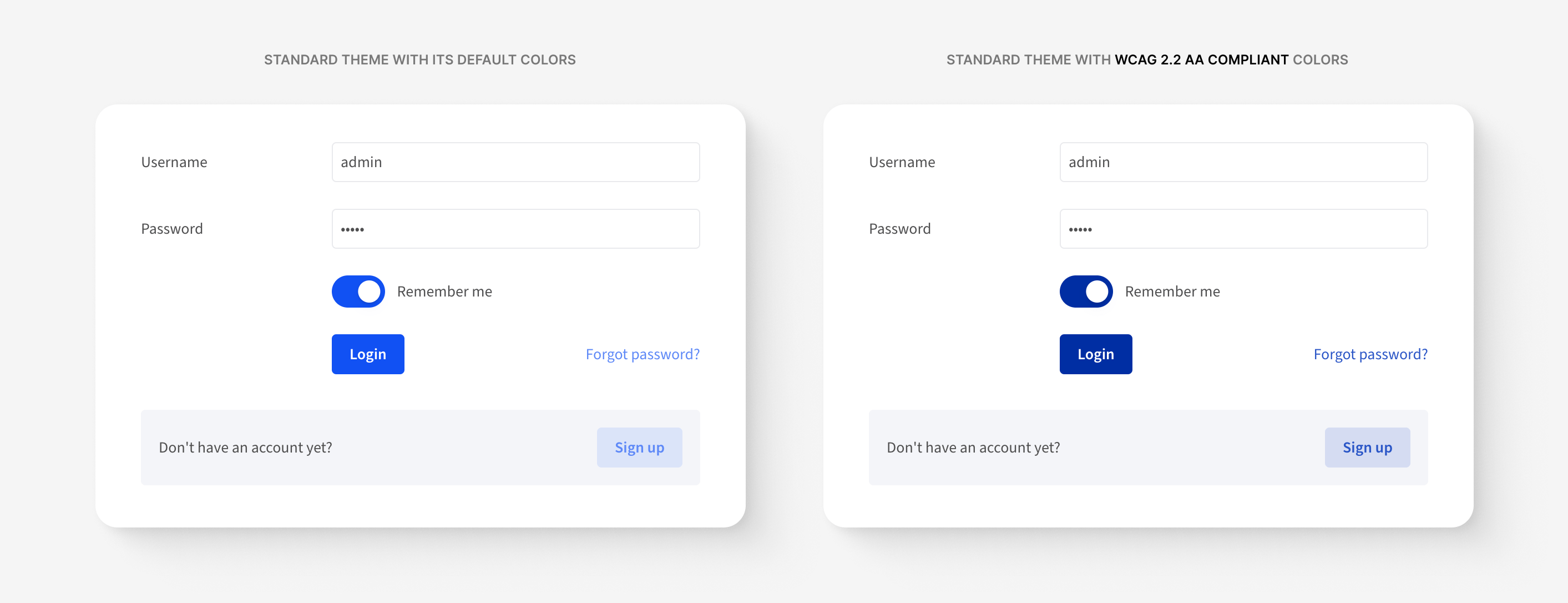 Radzen Blazor Standard theme with and without WCAG 2.2 AA compliant colors