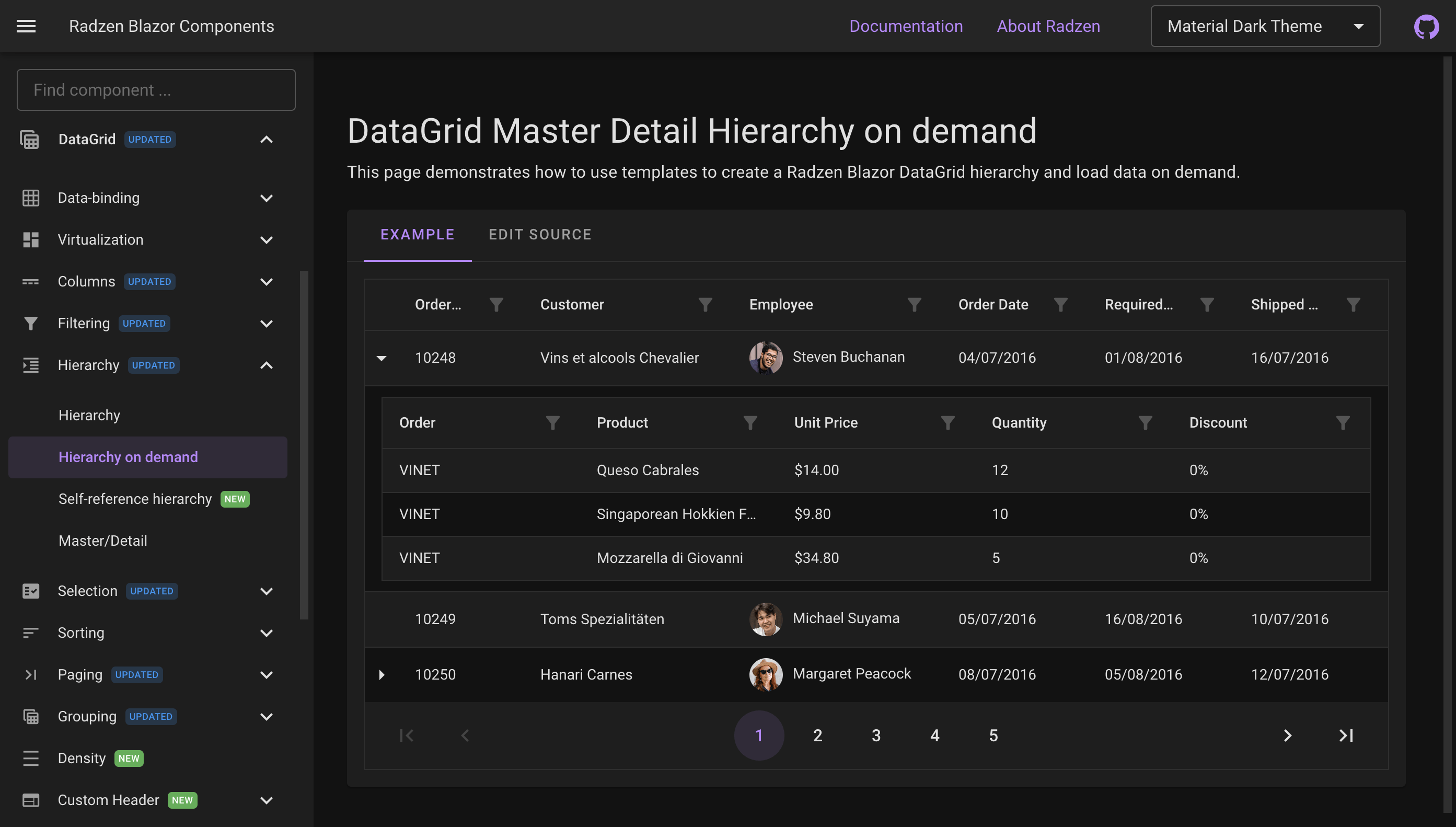 Radzen Blazor Material Dark DataGrid