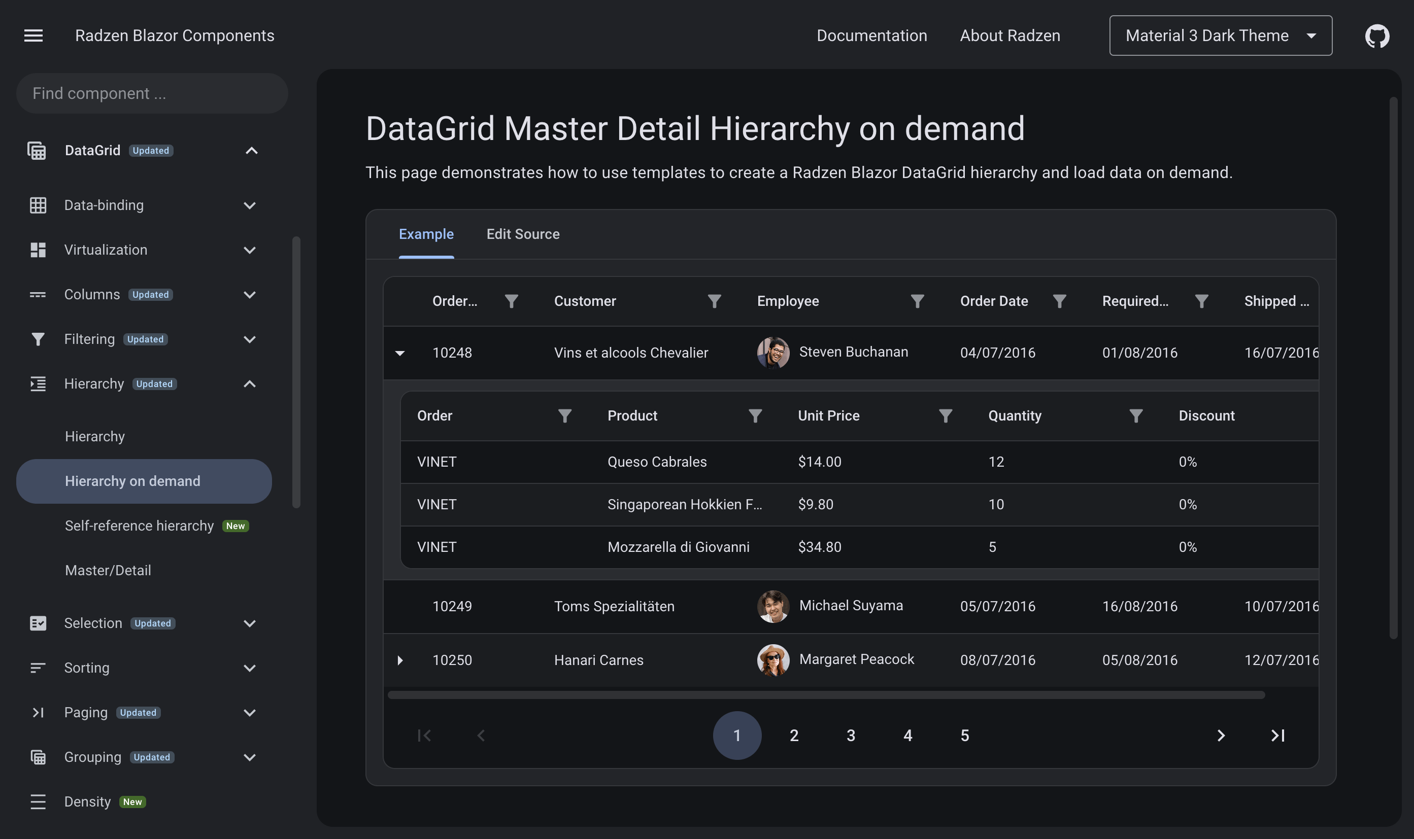 Radzen Blazor Material3 Dark DataGrid