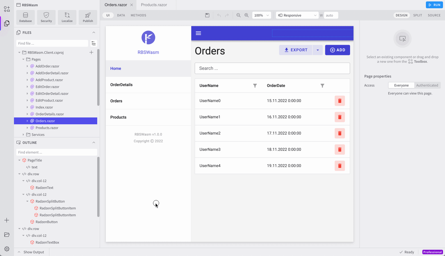 Select a component from the outline