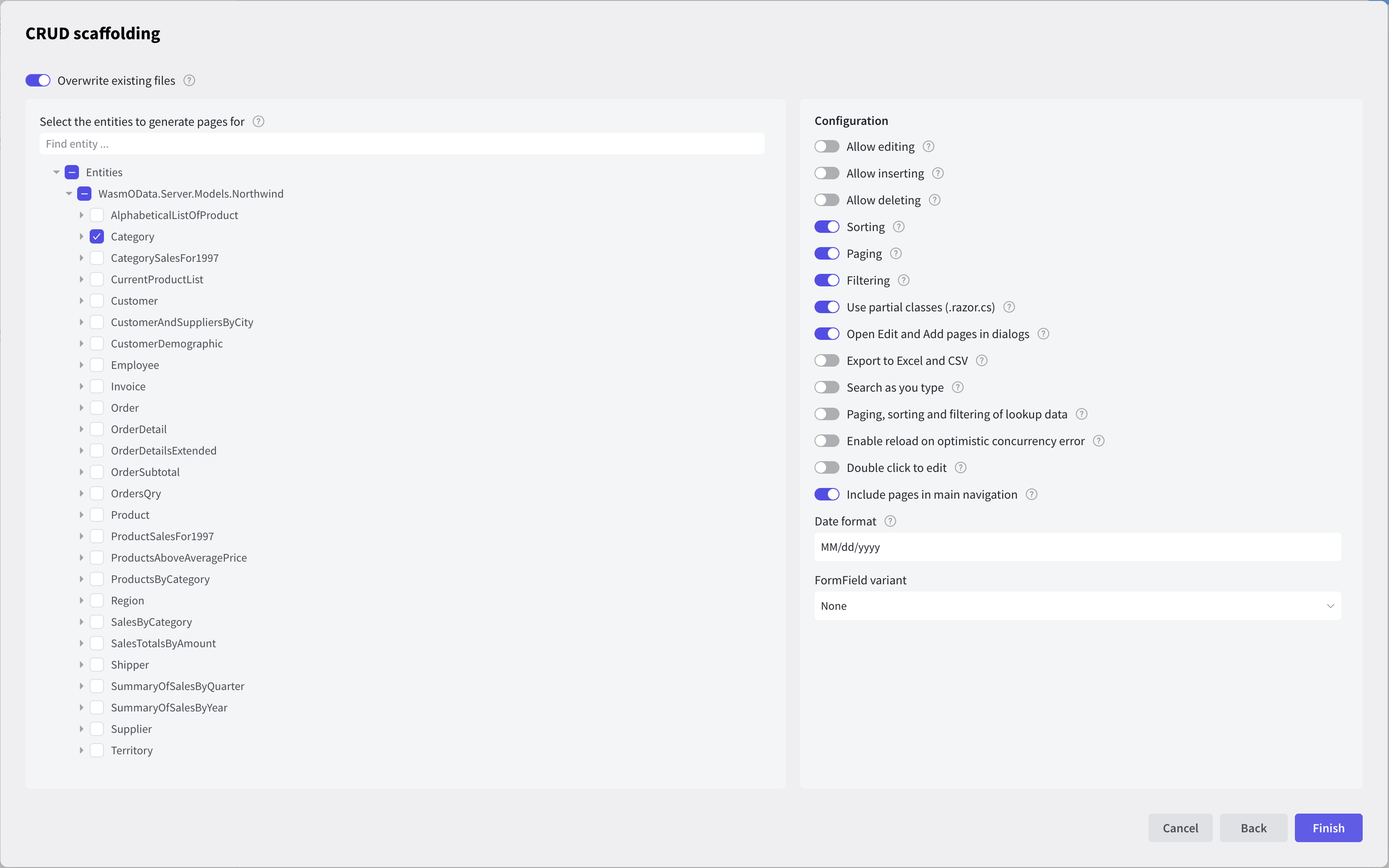 Displays the CRUD page configuration