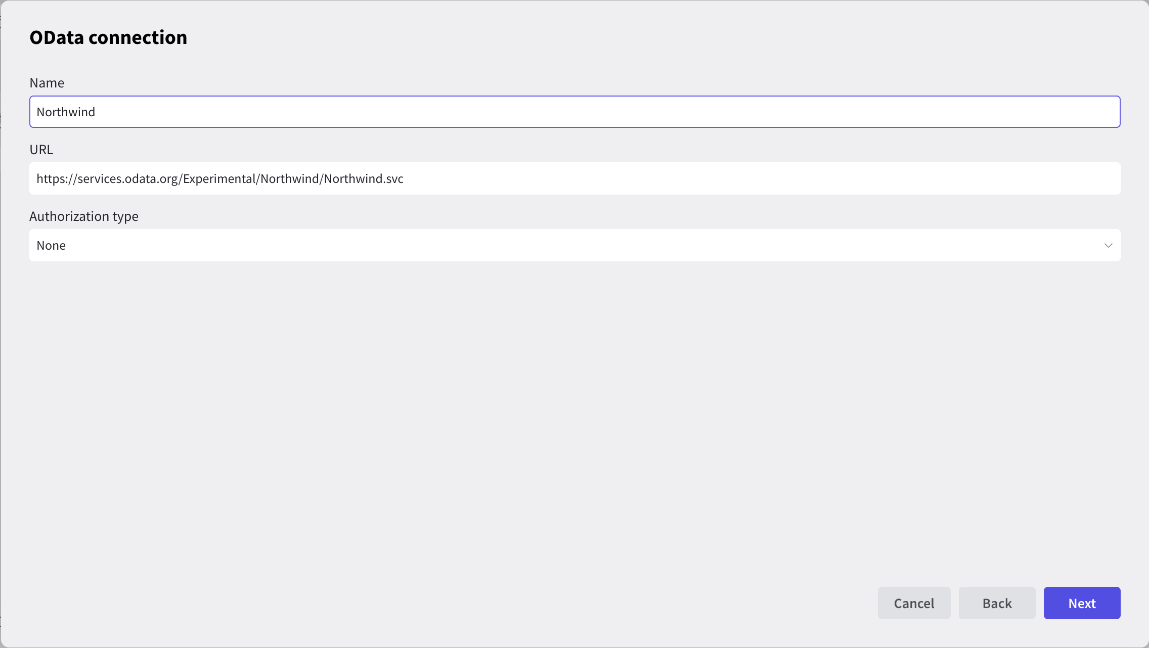 Displays the OData editor with all service connection details filled