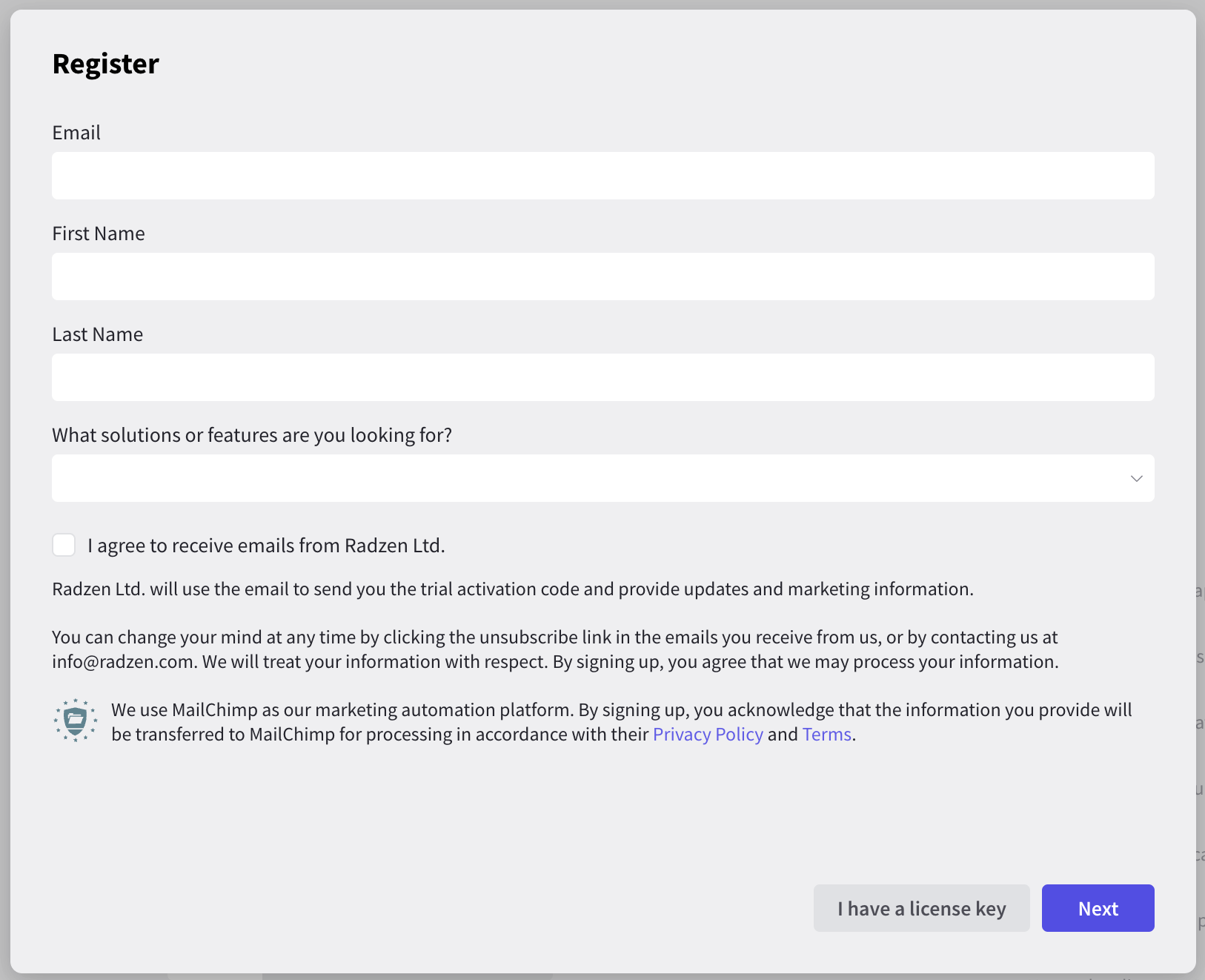 Trial registration dialog