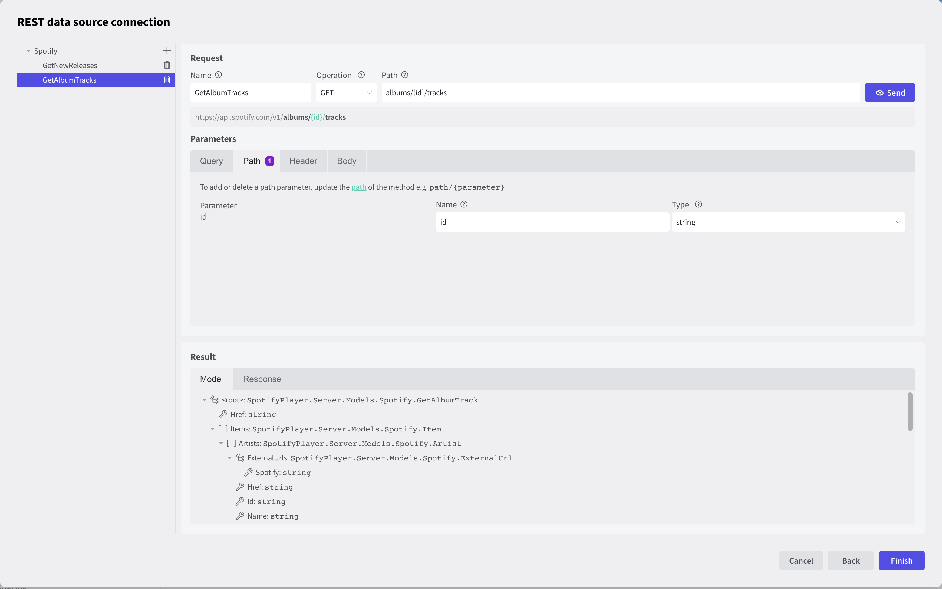 Displays the 'Get album tracks' REST method configuration