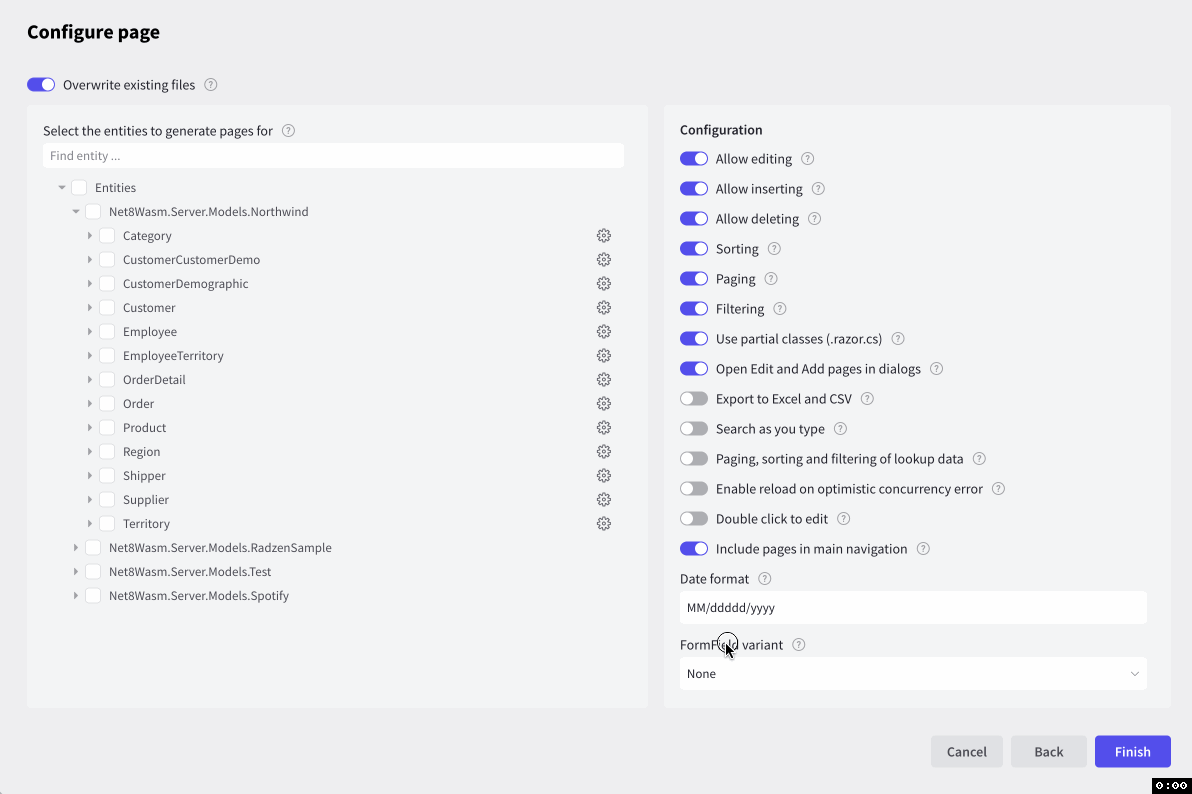 Configure entity settings