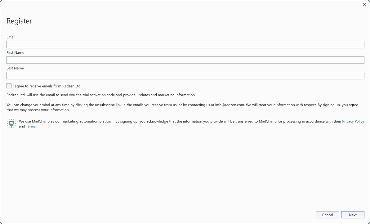 Trial registration dialog