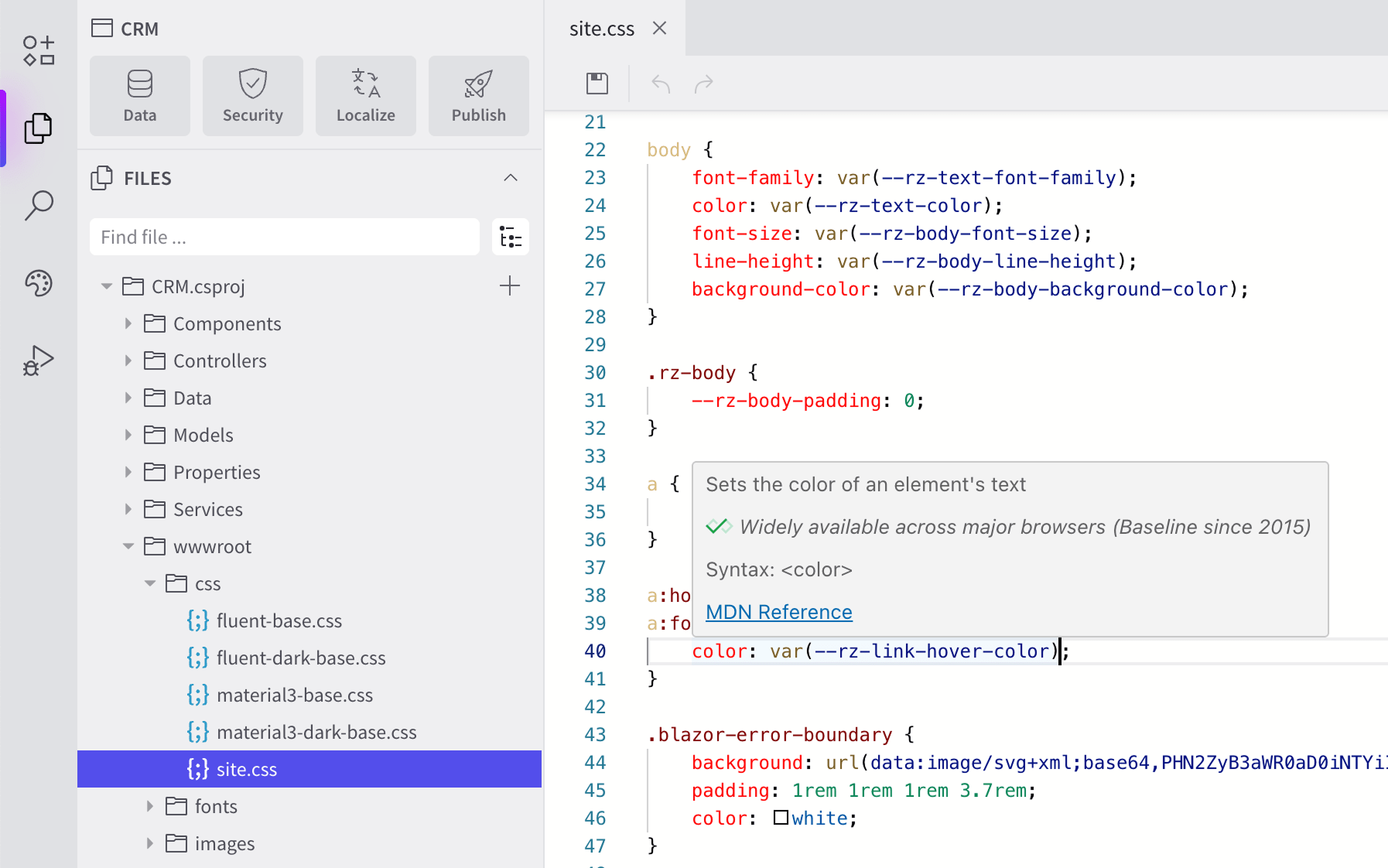 CSS hover documentation in Radzen Blazor Studio