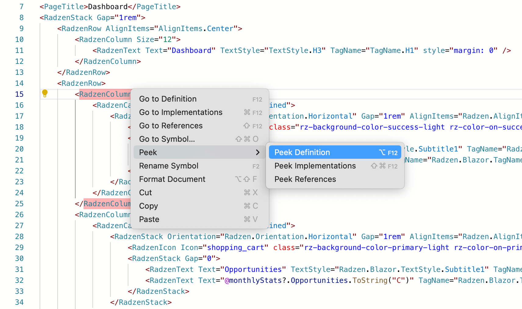 Peek Definition in the Radzen Blazor Studio code editor