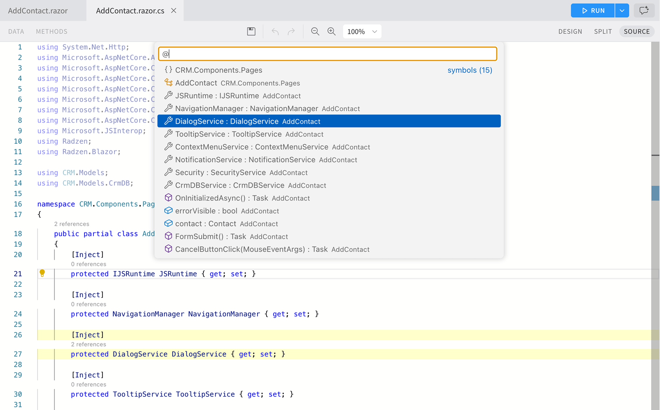 Outline view in Radzen Blazor Studio showing types and members