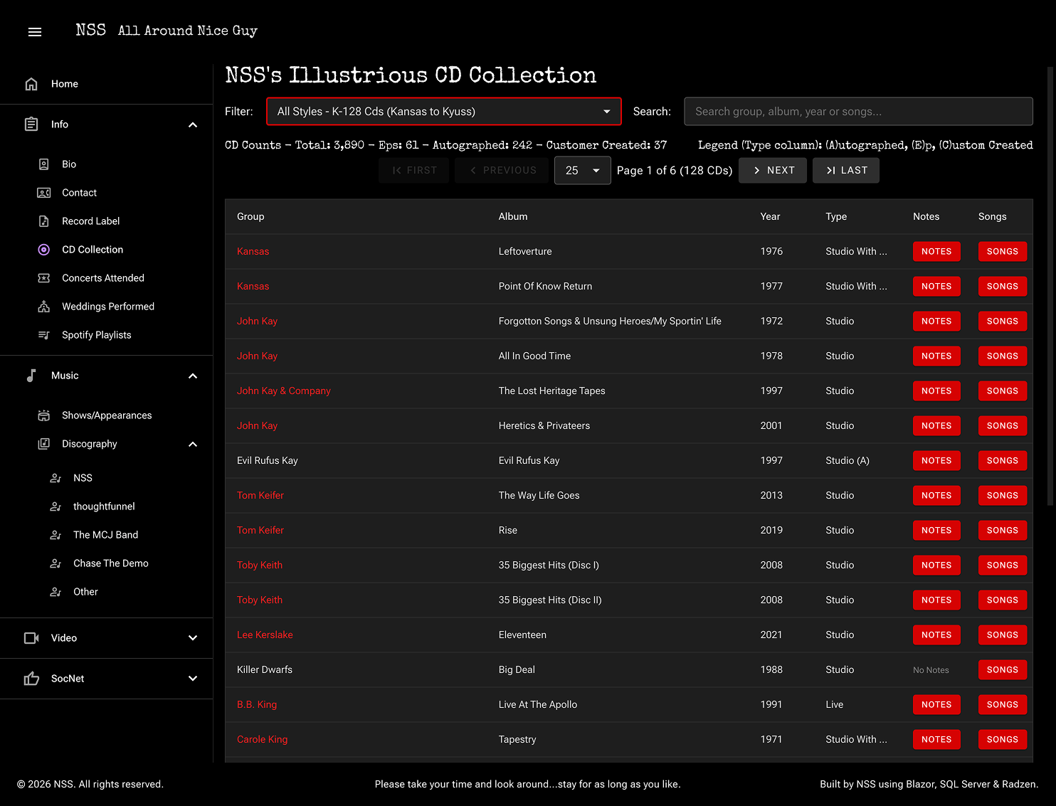 NSS CD collection on nssworld.com, browsed and filtered through a Radzen Blazor data grid