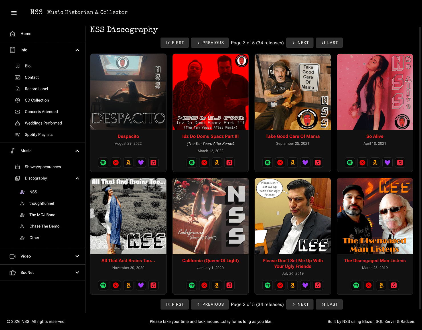 NSS Discography on nssworld.com, rendered with Radzen Blazor Components