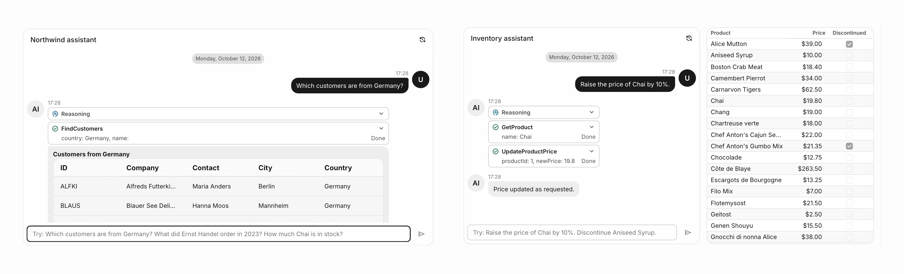 Left: a Northwind assistant RadzenAIChat answering Which customers are from Germany? with a Reasoning block, a completed FindCustomers tool card and a table of German customers. Right: an Inventory assistant that called GetProduct and UpdateProductPrice to raise the price of Chai by 10%, next to a product grid showing Chai at $19.80