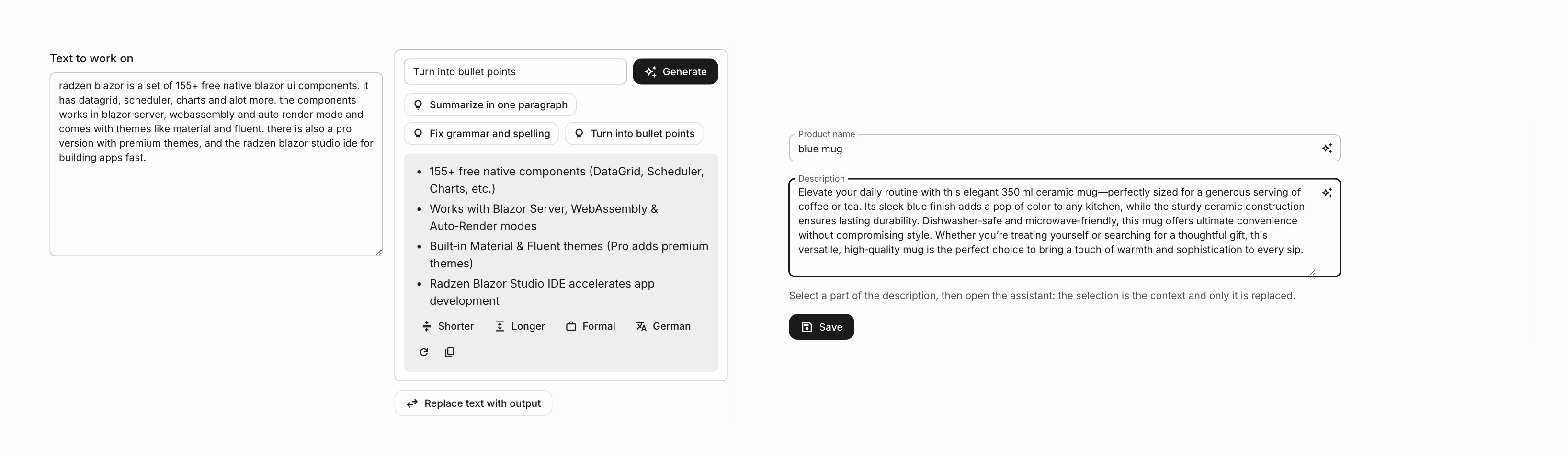 Left: RadzenAIPrompt next to a Text to work on textarea, with suggested prompts and a streamed bullet point summary followed by Shorter, Longer, Formal and German commands. Right: a product form whose Description field was rewritten by RadzenInlineAIPrompt into a persuasive product description