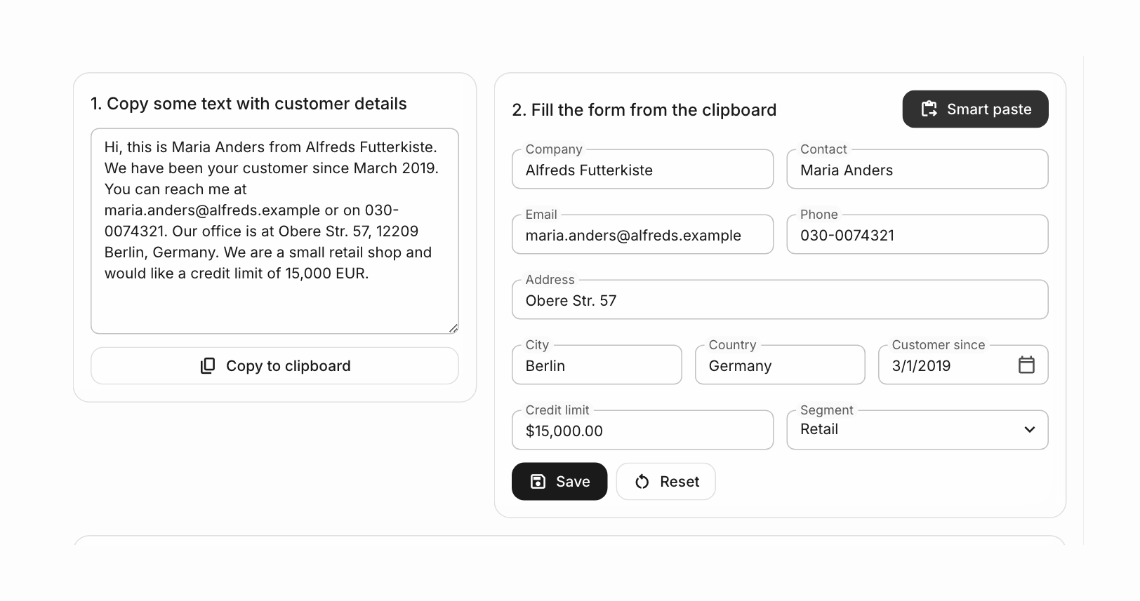 A customer note from Maria Anders at Alfreds Futterkiste next to a form that RadzenSmartPasteButton filled in: company, contact, email, phone, address, city, country, customer since date, credit limit and segment