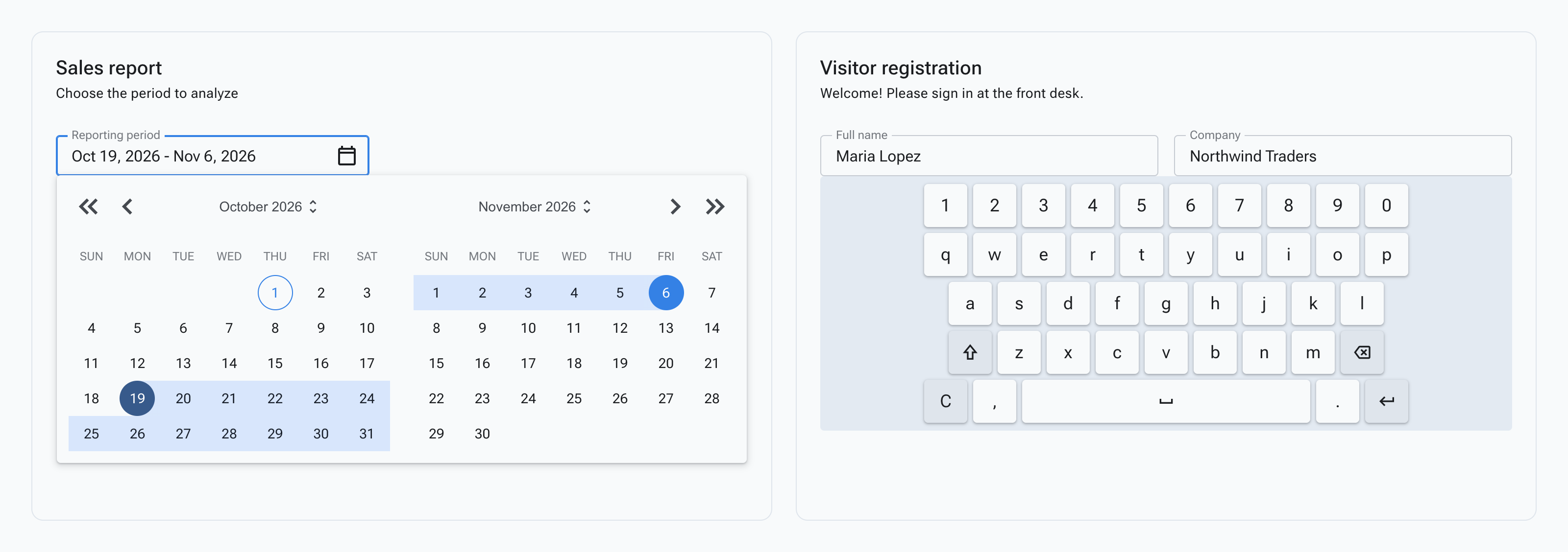 Left: RadzenDateRangePicker open in a Sales report card with a reporting period of Oct 19 to Nov 6 highlighted across two months. Right: a Visitor registration kiosk form with an inline RadzenVirtualKeyboard below the fields