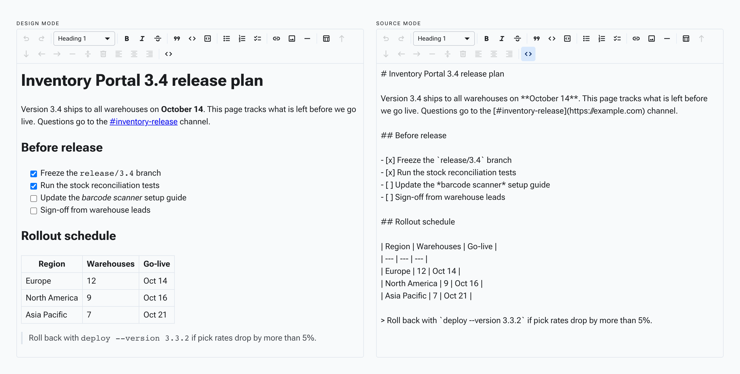 RadzenMarkdownEditor editing an Inventory Portal 3.4 release plan: Design mode on the left with a task list, table and block quote rendered visually, and Source mode on the right showing the same document as raw Markdown