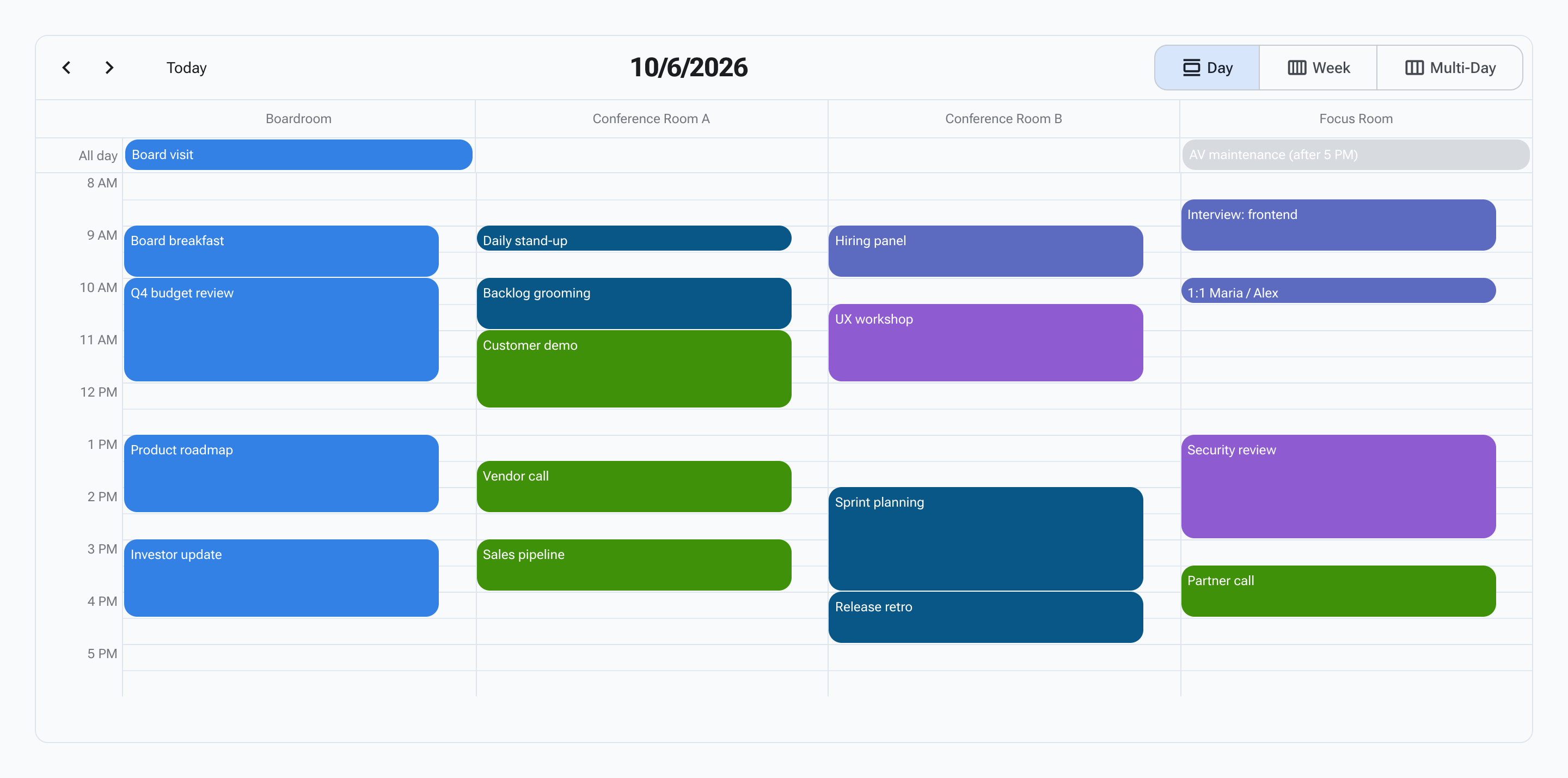 RadzenScheduler day view grouped by room, with columns for Boardroom, Conference Room A, Conference Room B and Focus Room, color-coded meetings, and an all-day row above the time slots