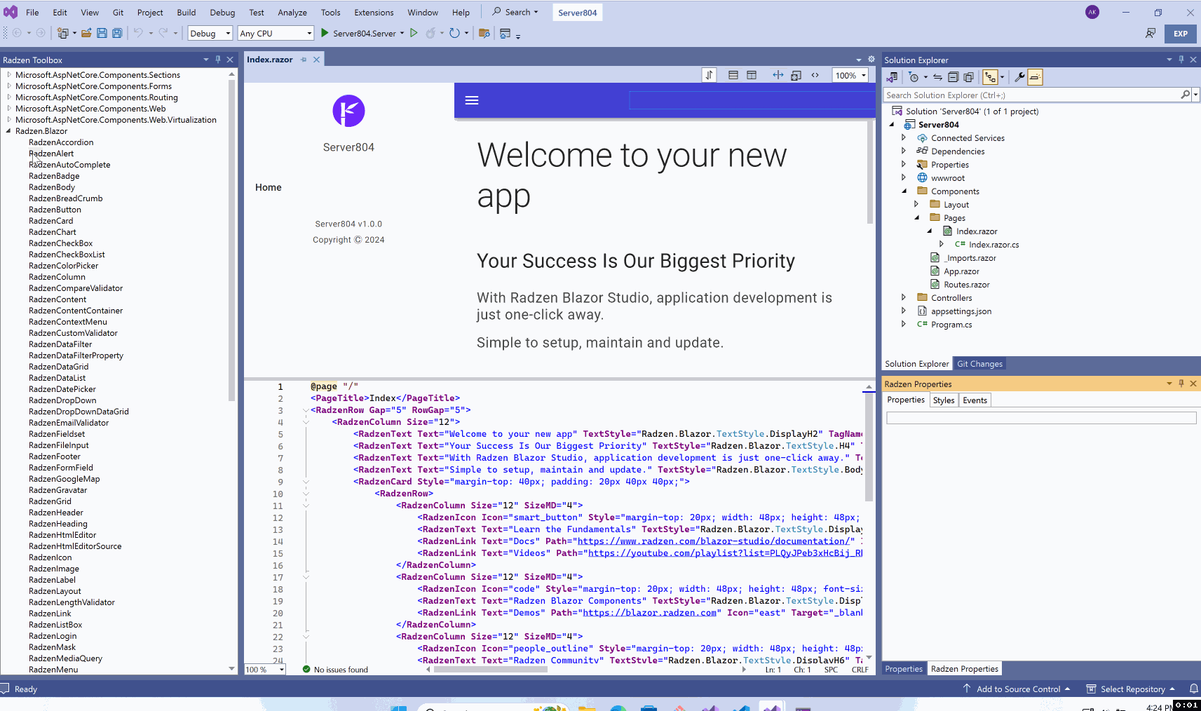 Radzen Blazor for Visual Studio - preview of available functionality