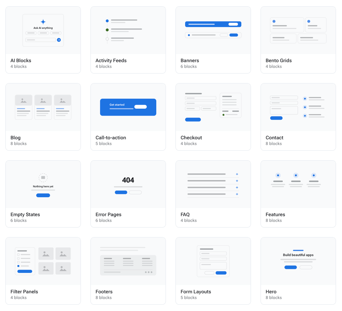 Radzen UI Block categories - AI Blocks, Activity Feeds, Banners, Bento Grids, Blog, Call-to-action, Checkout, Contact, Empty States, Error Pages, FAQ, Features, Filter Panels, Footers, Form Layouts, Hero and more